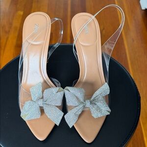 Zara Tan Slingback Heels with Crystal Bow Accent